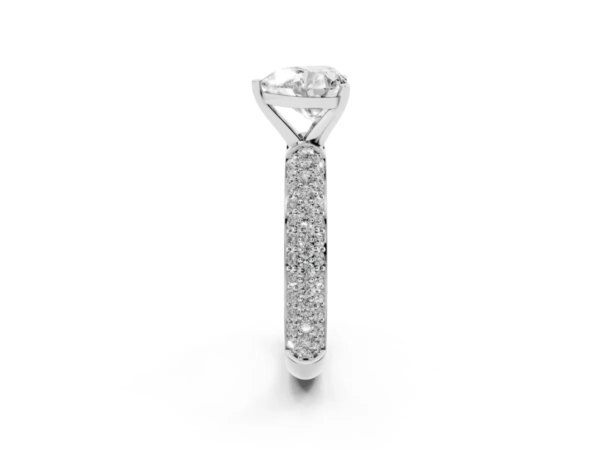 Heart Cut Diamond Solitaire Ring with Prong Setting and Pavé Band Silver