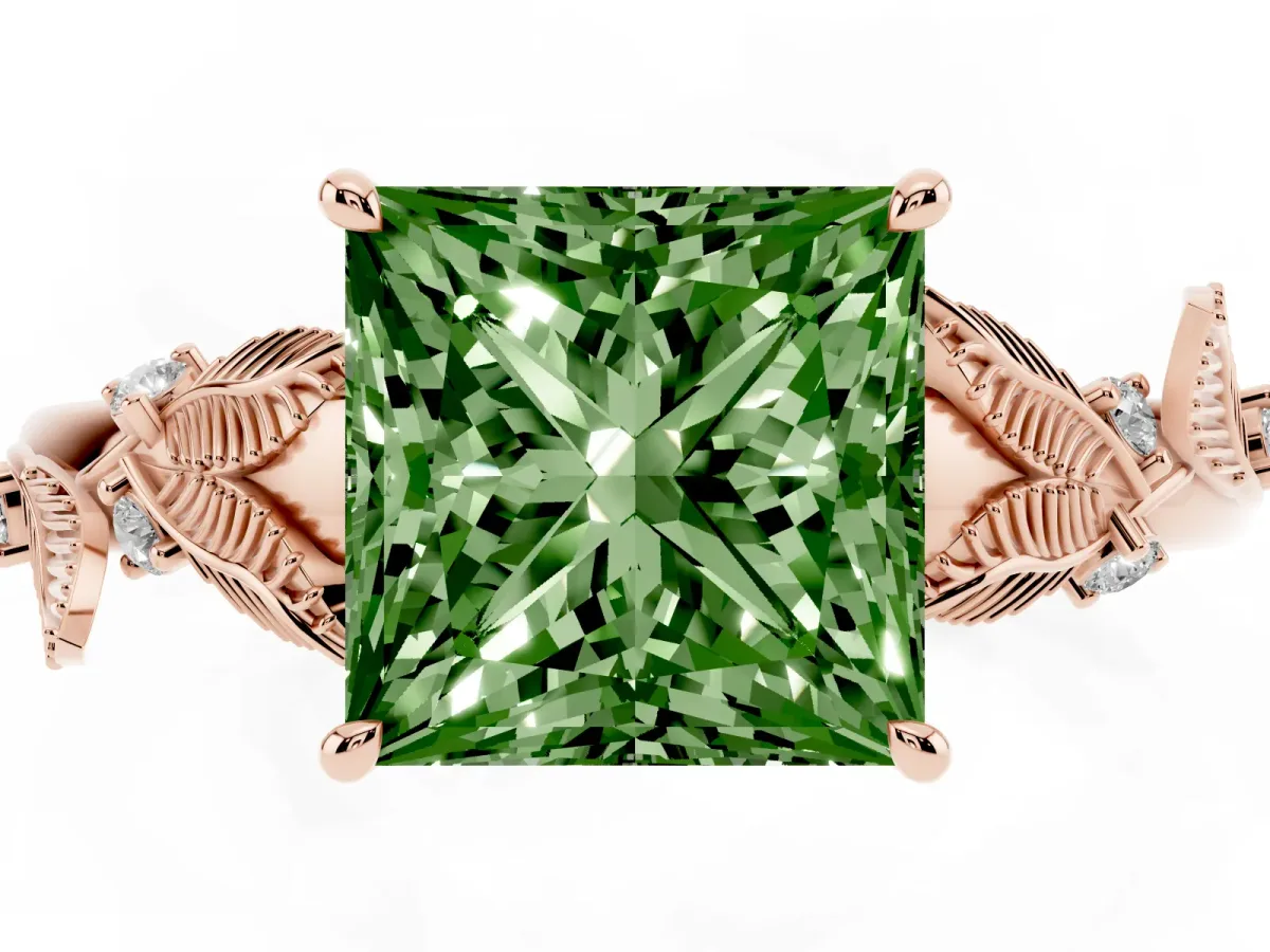 Fancy Green Princess Cut Diamond Solitaire Ring with Leaf Motif Band and Four-Prong Setting Rose gold