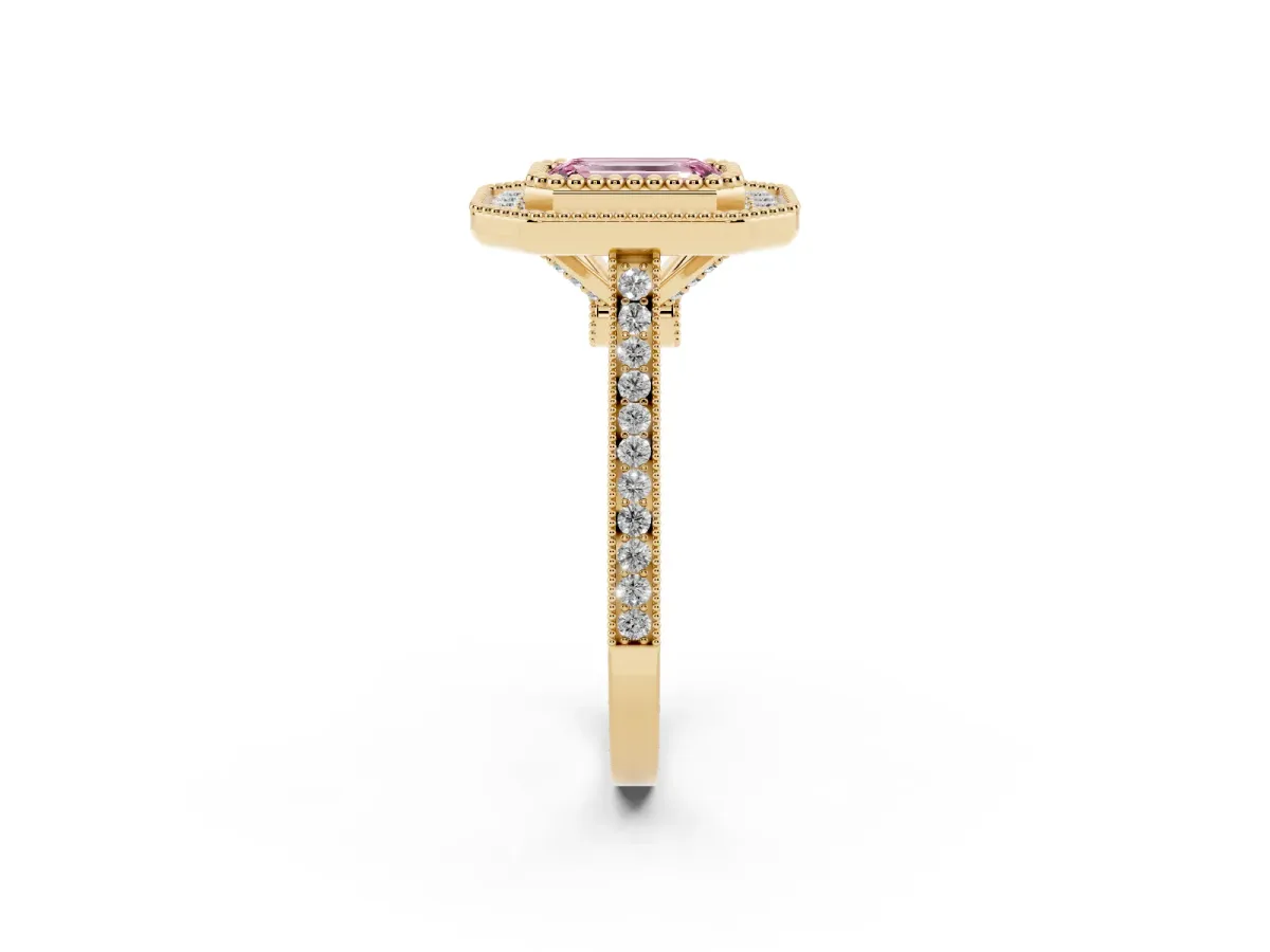Fancy Pink Emerald Cut Diamond Halo Ring with Milgrain Frame and Pavé Band Yellow gold