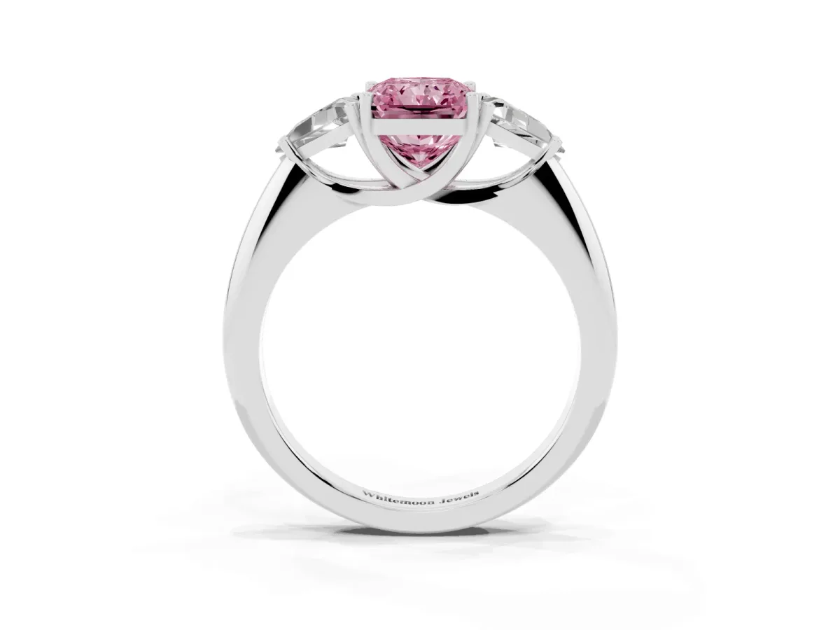 Fancy Pink Three-Stone Radiant Cut Diamond Engagement Ring with Trillion Side Stones and Prong Setting White gold