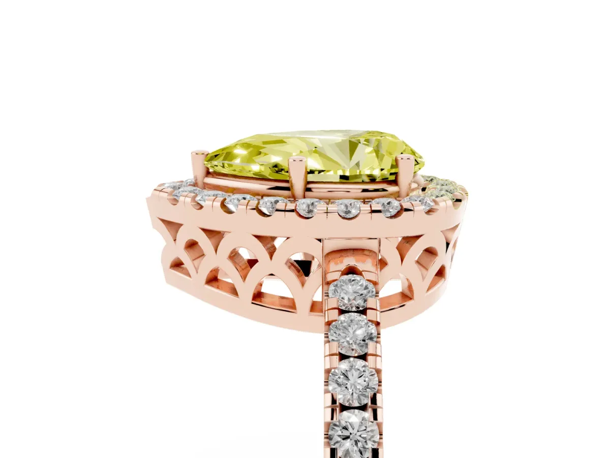 Fancy Yellow Pear Cut Halo Diamond Engagement Ring with Pavé Band and Four-Prong Setting Rose gold