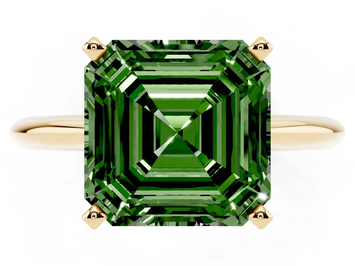 Fancy Green Asscher Cut Cut Solitaire Ring with Four-Prong Setting on a Classic Band Yellow gold