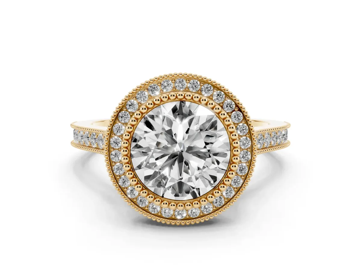 Round Cut Diamond Halo Ring with Milgrain Frame and Pavé Band Yellow gold