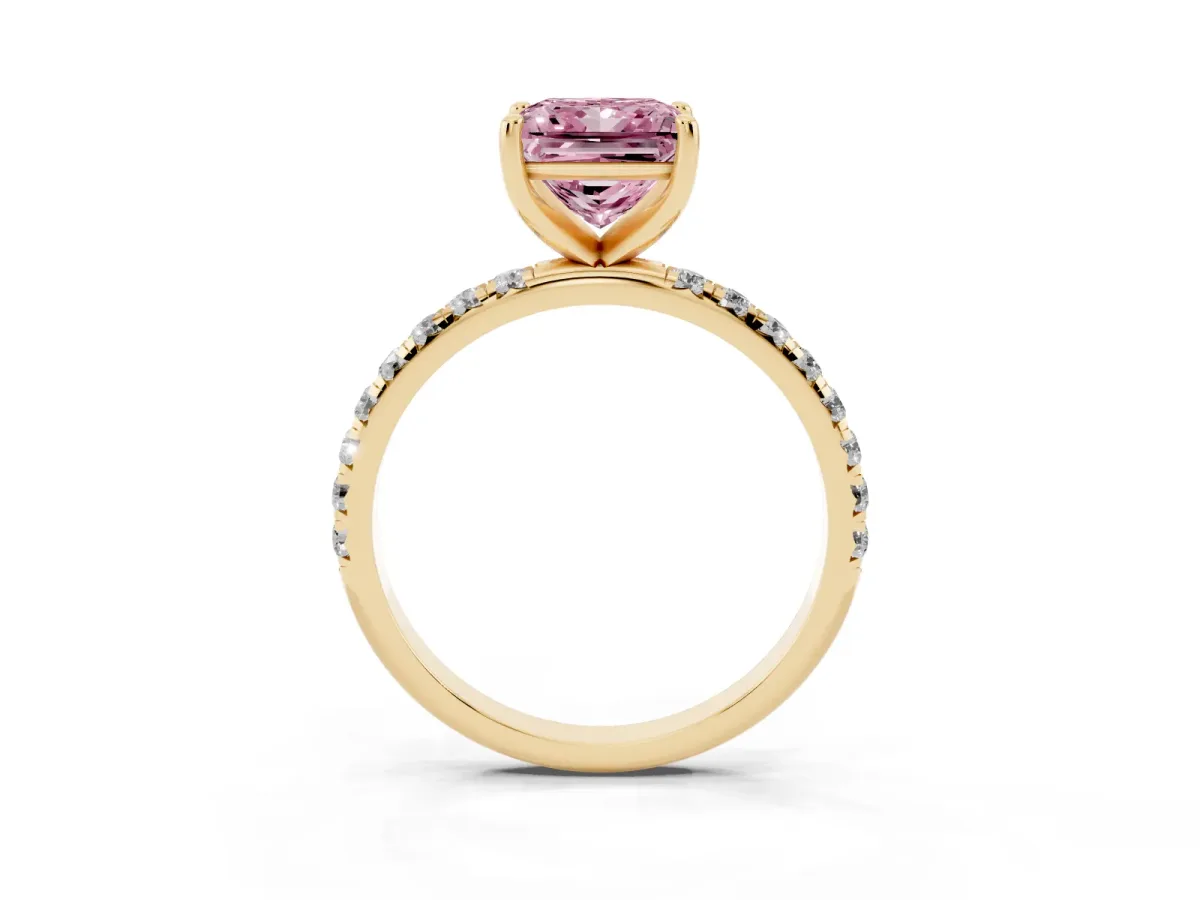 Fancy Pink Princess Cut Cut Diamond Solitaire Ring with Micro Pave Band and Four Prong Setting Yellow gold