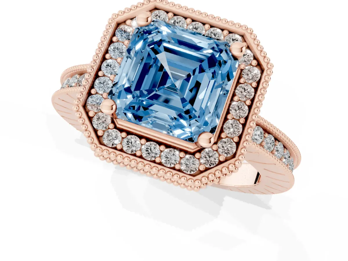 Fancy Blue Asscher Cut Diamond Milgrain Halo Engagement Ring with Round Pavé Band and Prong Setting Rose gold
