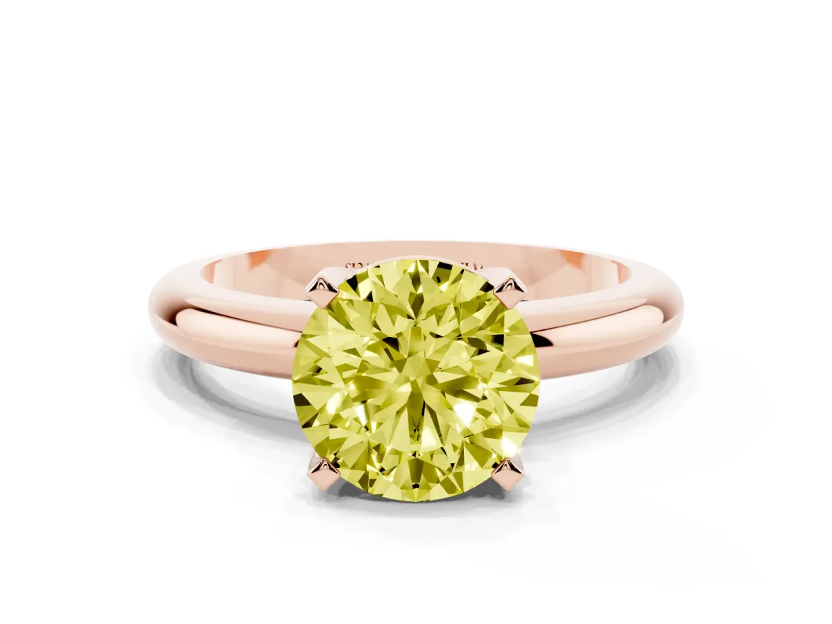 Fancy Yellow Round Cut Diamond Solitaire Engagement Ring with Round Band and Four-Prong Setting Rose gold