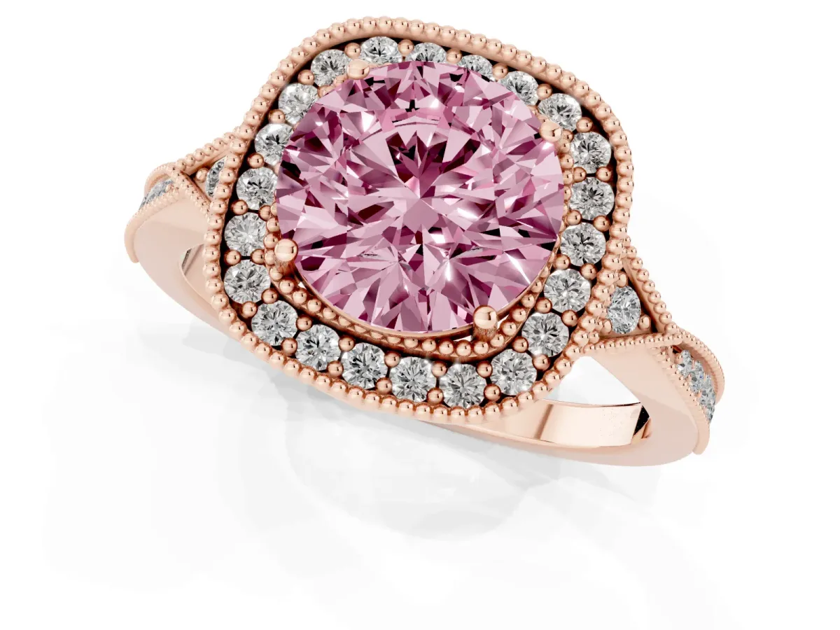 Fancy Pink Round Cut Halo Round Diamond Milgrain Pave Engagement Ring Rose gold