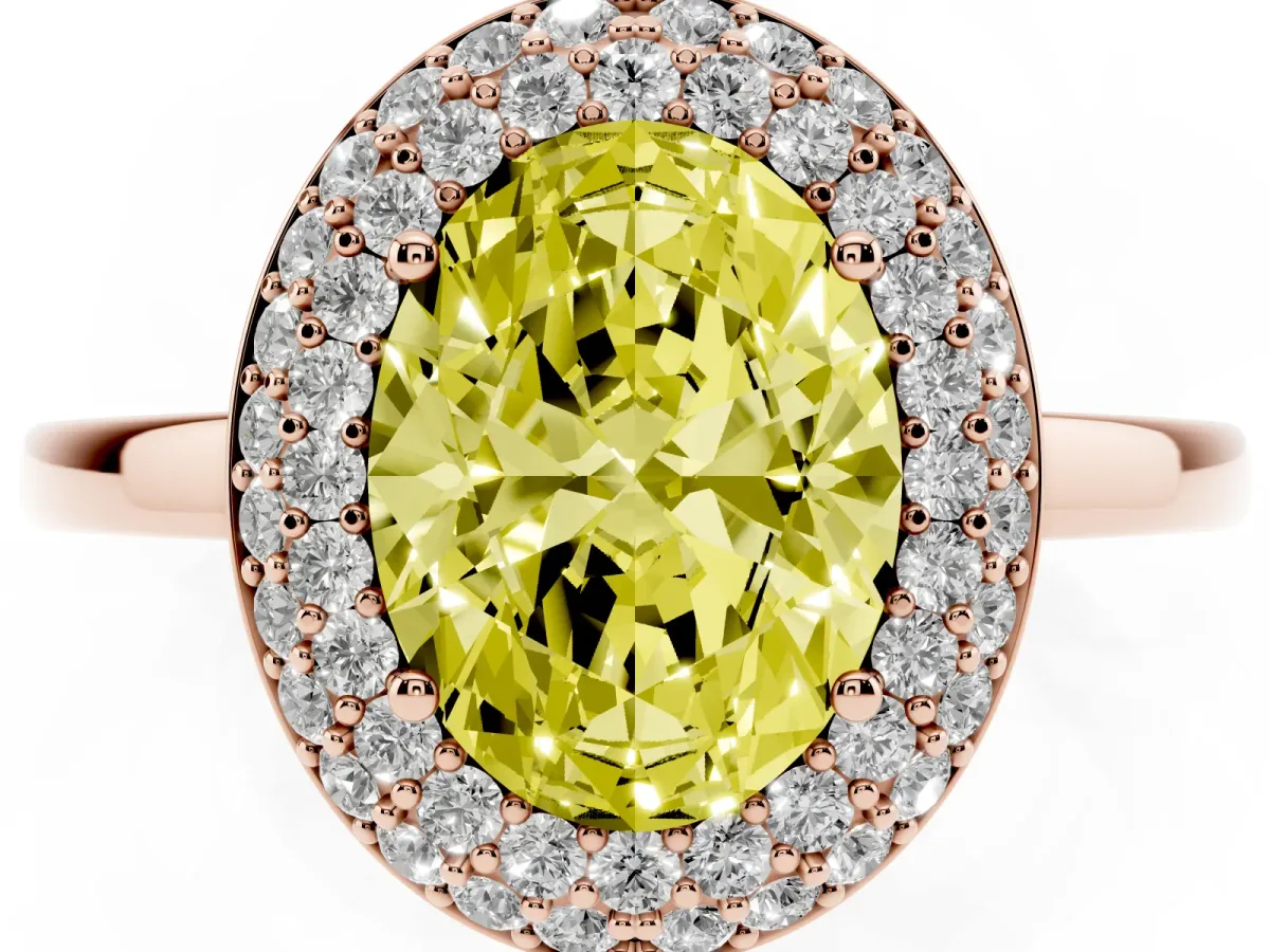 Fancy Yellow Oval Cut Halo Diamond Engagement Ring with Solitaire Band and Four-Prong Setting Rose gold