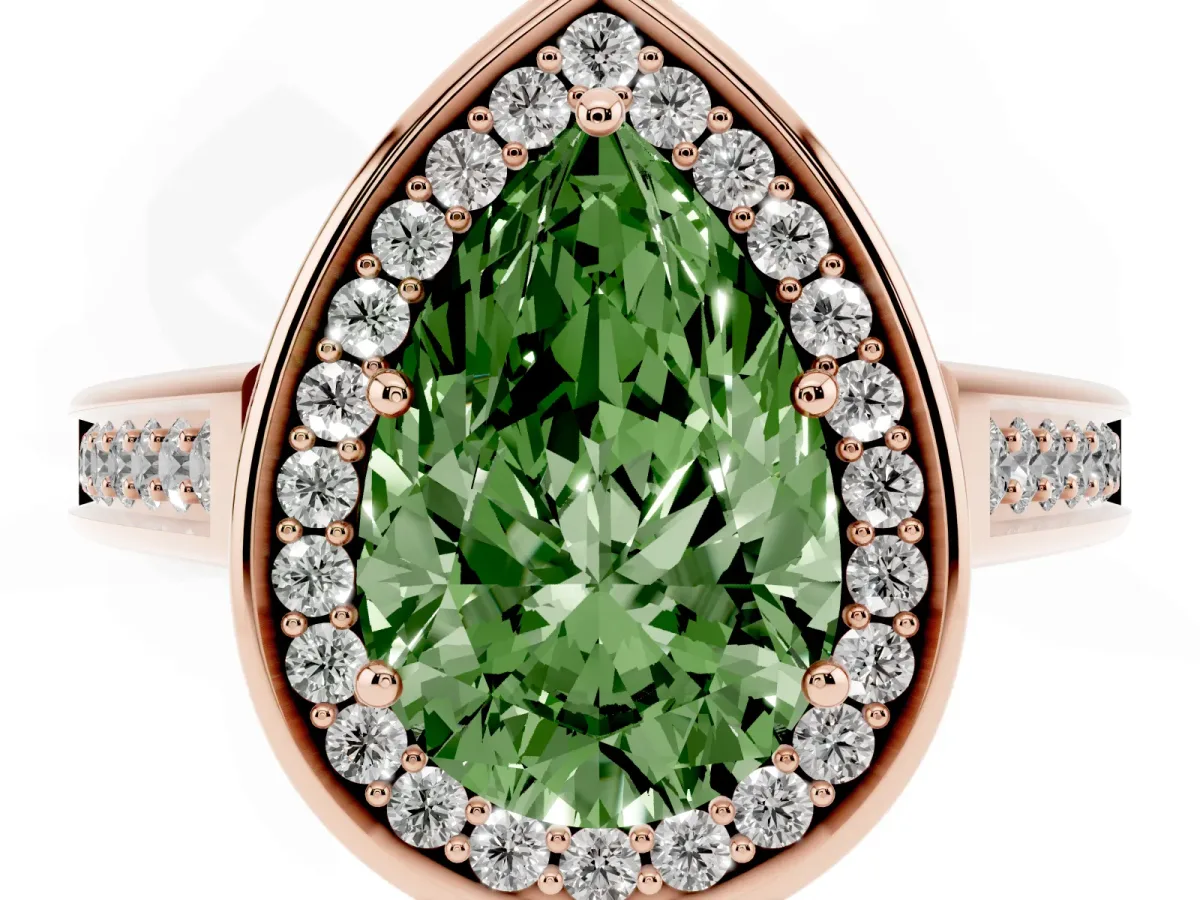 Fancy Green Pear Cut Halo Solitaire Diamond Ring with Pave Band and Bezel Setting Rose gold