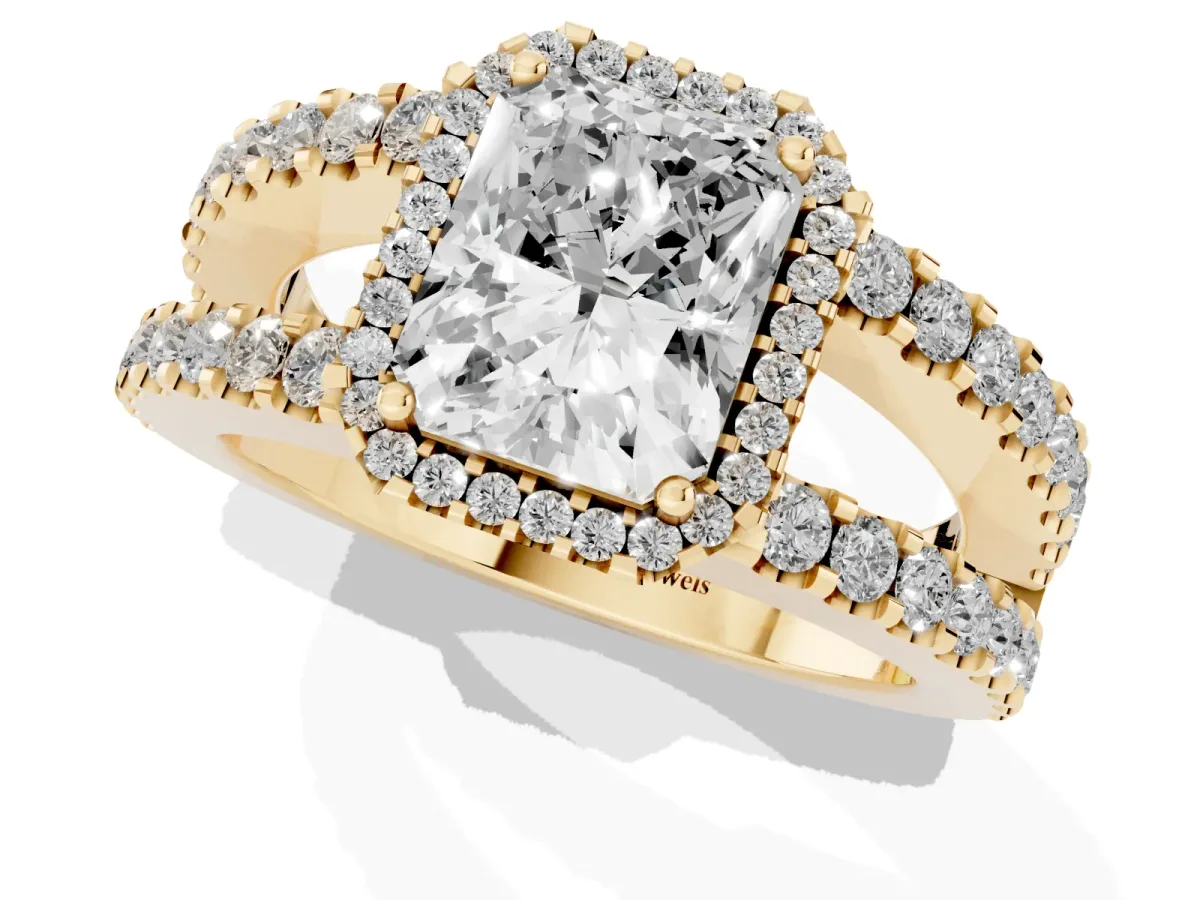 Radiant Cut Cut Halo Split Shank Diamond Ring with Four-Prong Setting Yellow gold