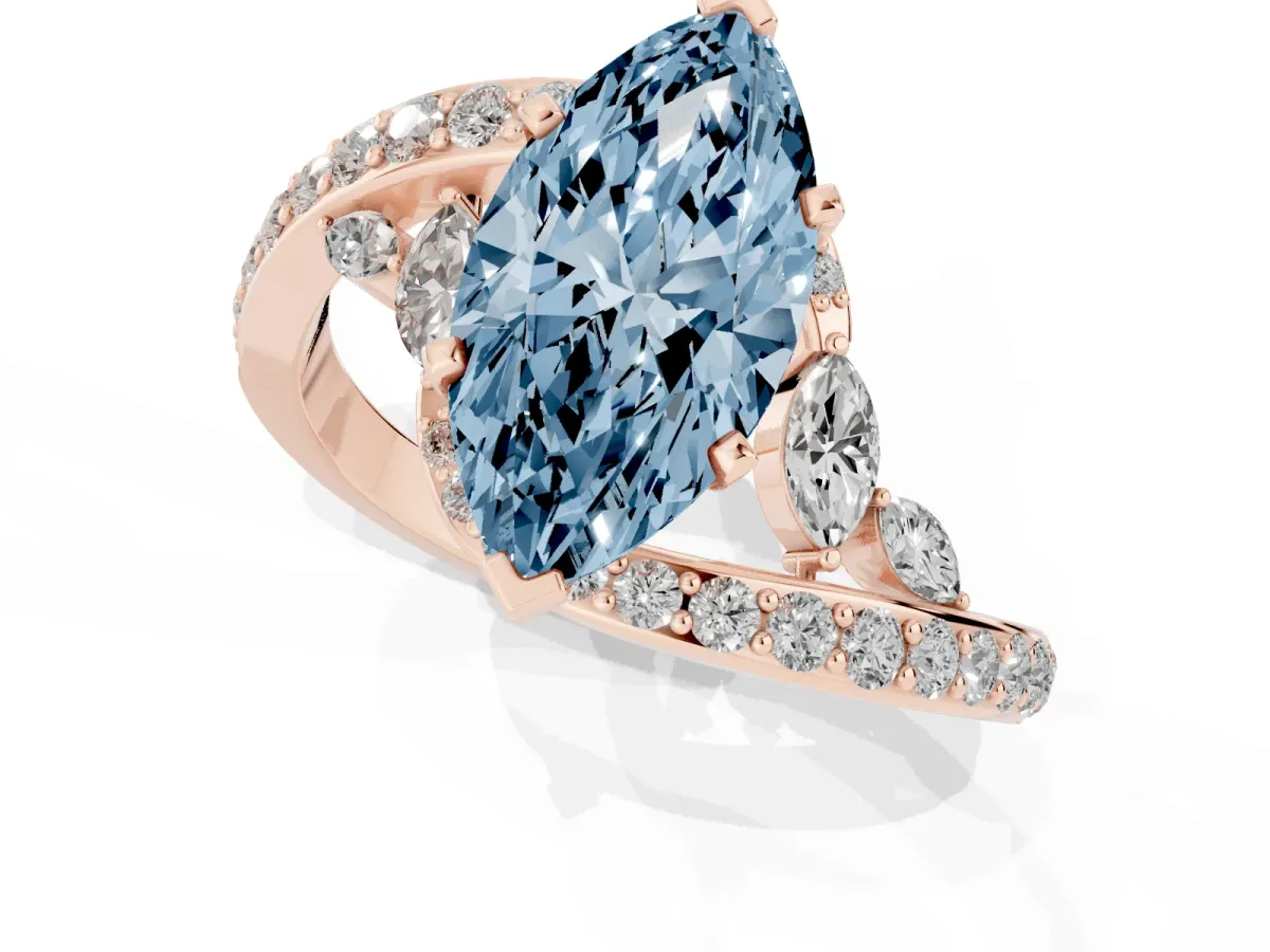 Fancy Blue Marquise Cut Solitaire with Pavé Twist Band and Four-Prong Setting Rose gold