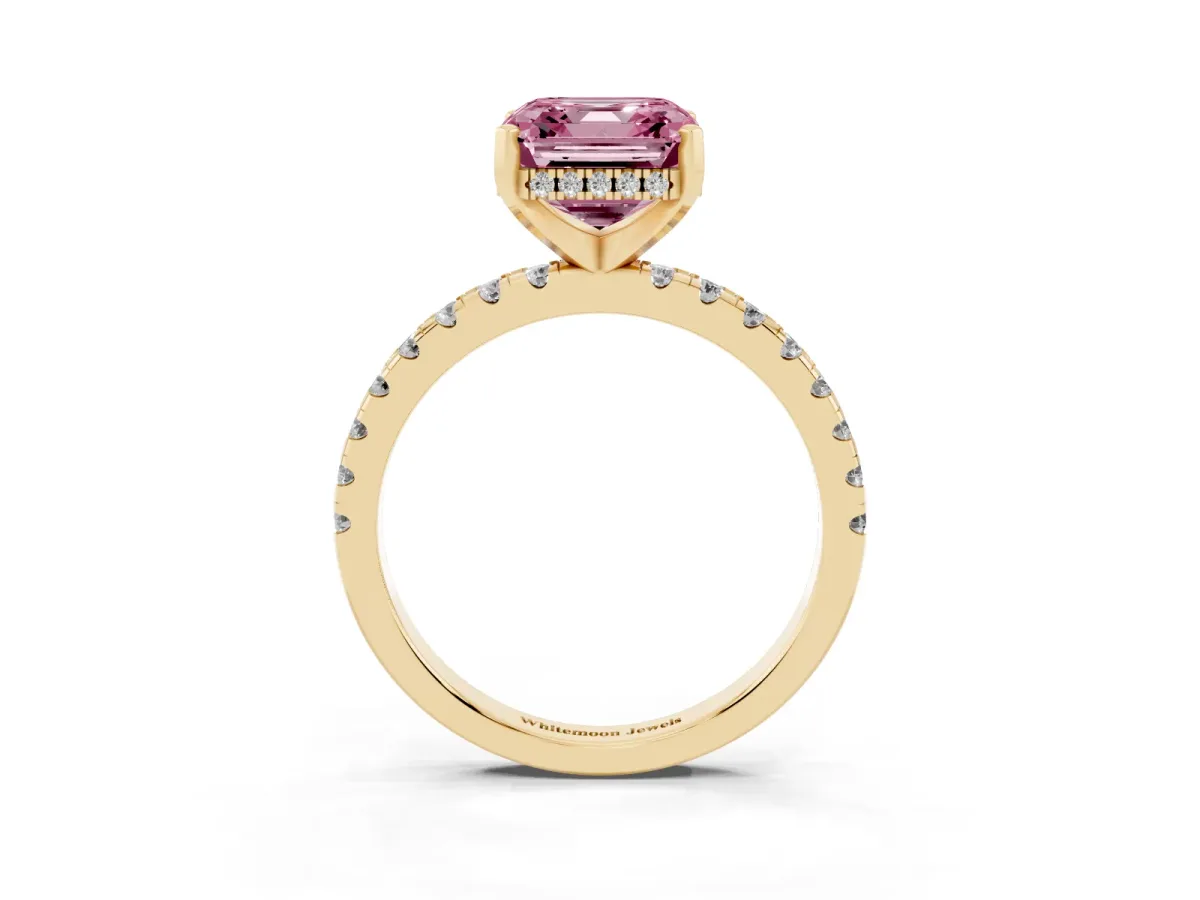 Fancy Pink Asscher Cut Diamond Solitaire Ring with Round Pavé Band and Four-Prong Setting Yellow gold