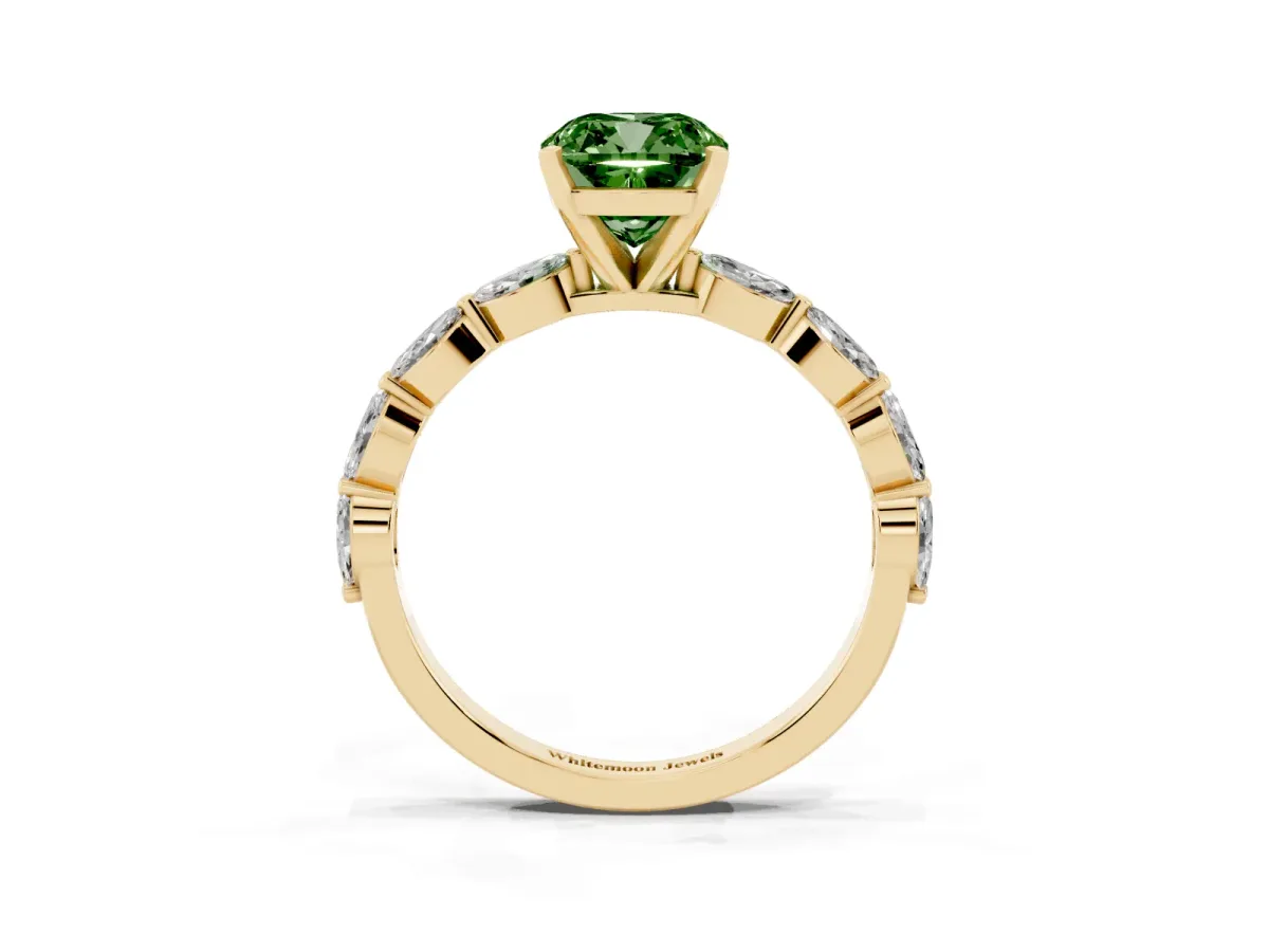 Fancy Green Cushion Cut Diamond Ring with Marquise Side Stones and Prong Setting Yellow gold