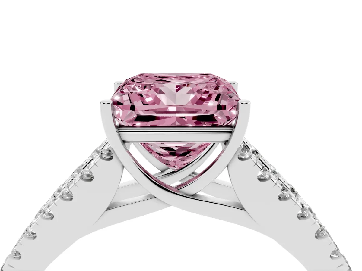 Fancy Pink Princess Cut Diamond Split Shank Engagement Ring with Round Pavé and Prong Setting Silver