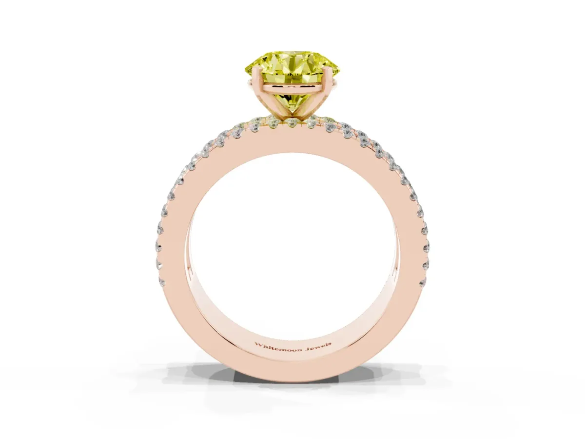 Fancy Yellow Round Cut Diamond Solitaire Ring with Pavé and Channel Set Band Rose gold