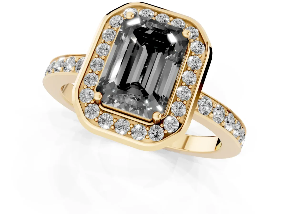 Fancy Black Emerald Cut Diamond Halo Ring with Bezel Frame and Pavé Band Yellow gold