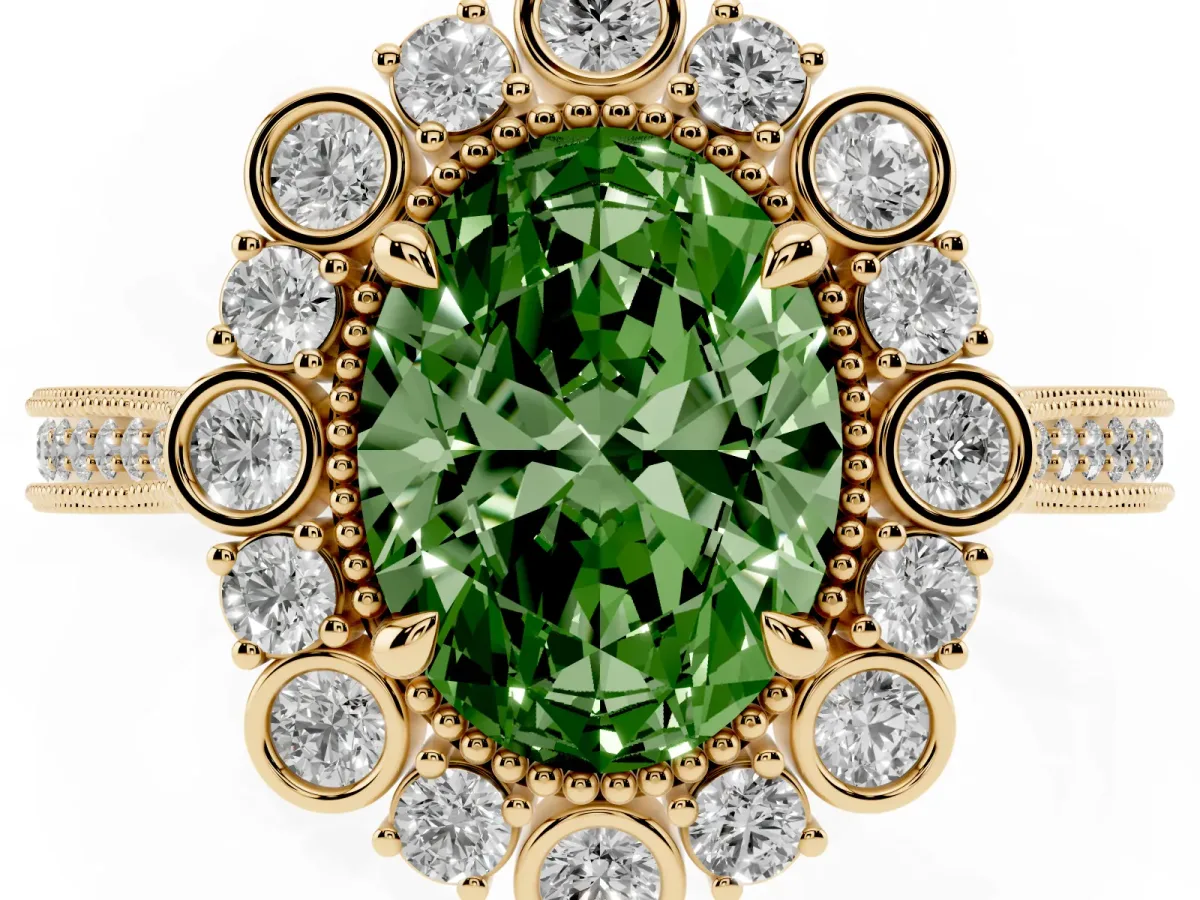 Fancy Green Oval Cut Halo Milgrain Pave Diamond Ring with Four-Prong Setting Yellow gold