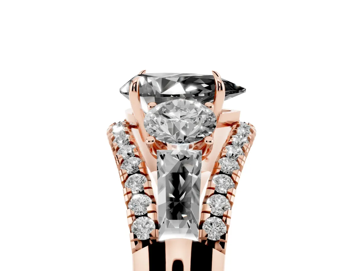Fancy Black Three-Stone Pear Cut Diamond Engagement Ring with Pave Band and Prong Setting Rose gold