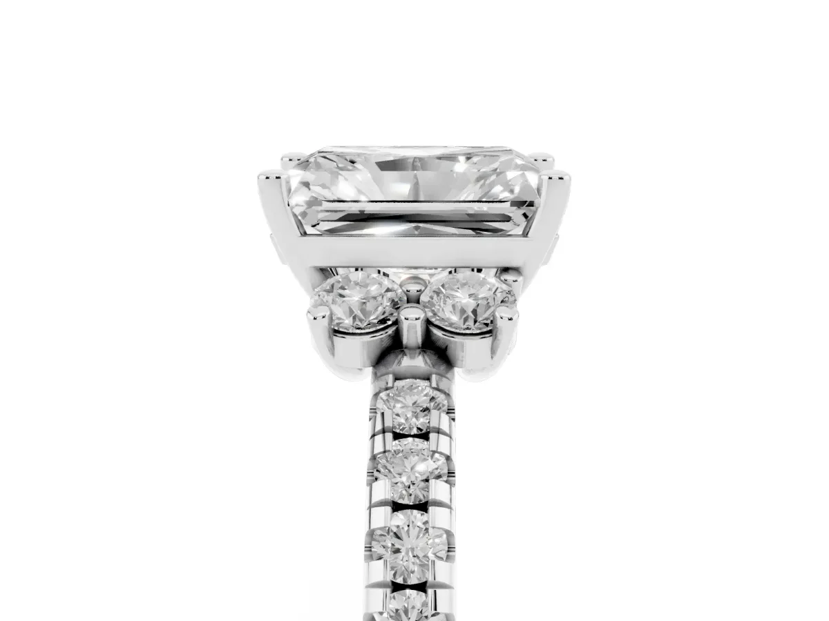 Radiant Cut Diamond Three-Stone Pave Band with Four-Prong Setting Silver