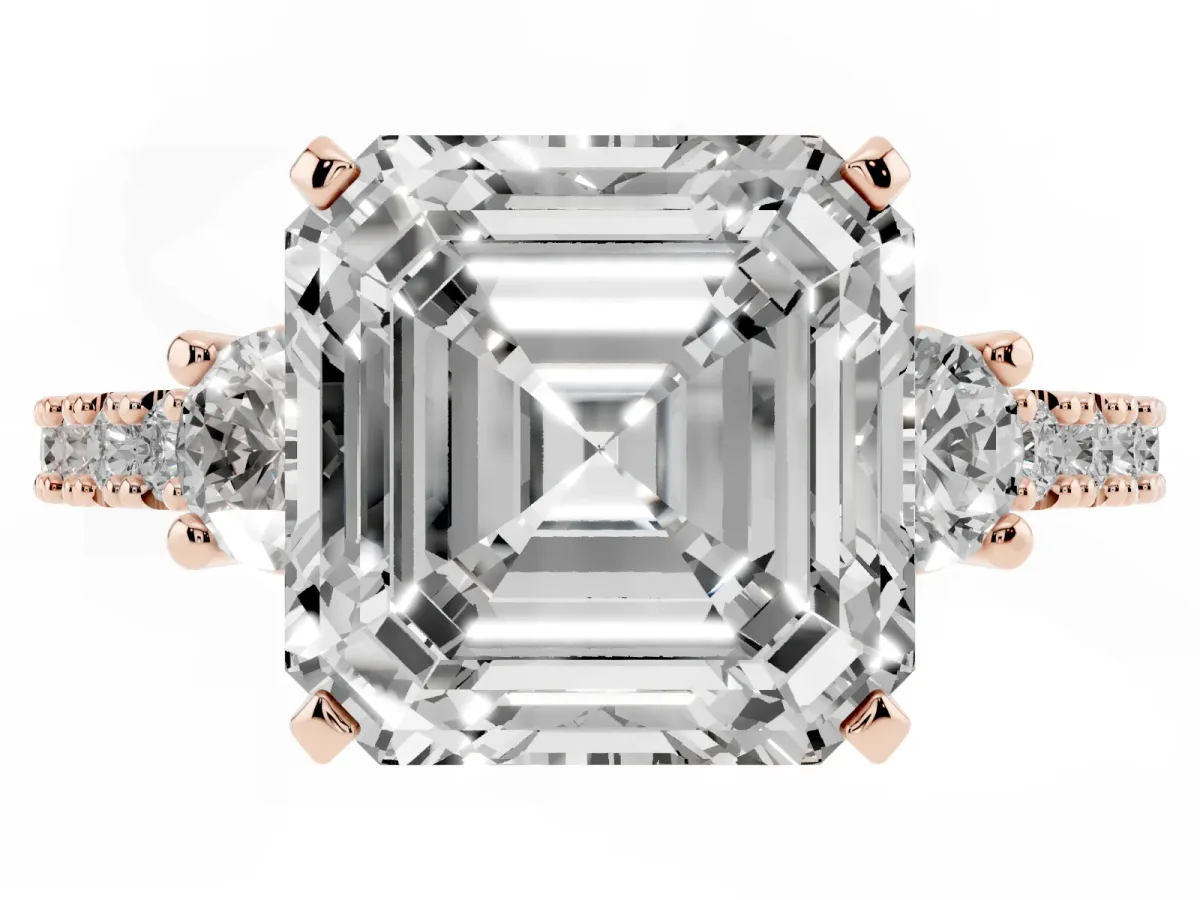 Asscher Cut Three-Stone Diamond Pavé Band with Prong Setting Rose gold