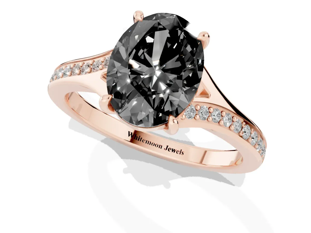 Fancy Black Oval Cut Diamond Solitaire Ring with Pavé Band and Prong Setting Rose gold