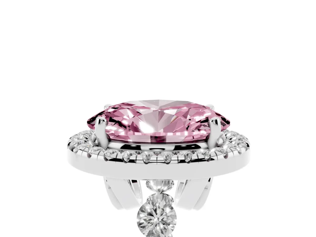 Fancy Pink Oval Cut Halo Pavé Diamond Engagement Ring with Four-Prong Setting Platinum