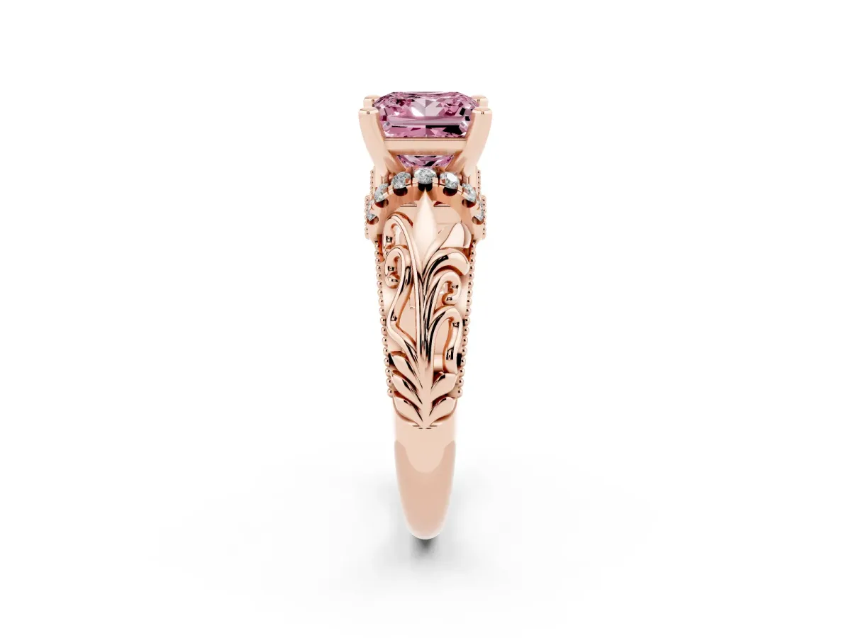 Fancy Pink Princess Cut Solitaire Filigree Engagement Ring with Halo and Prong Setting Rose gold