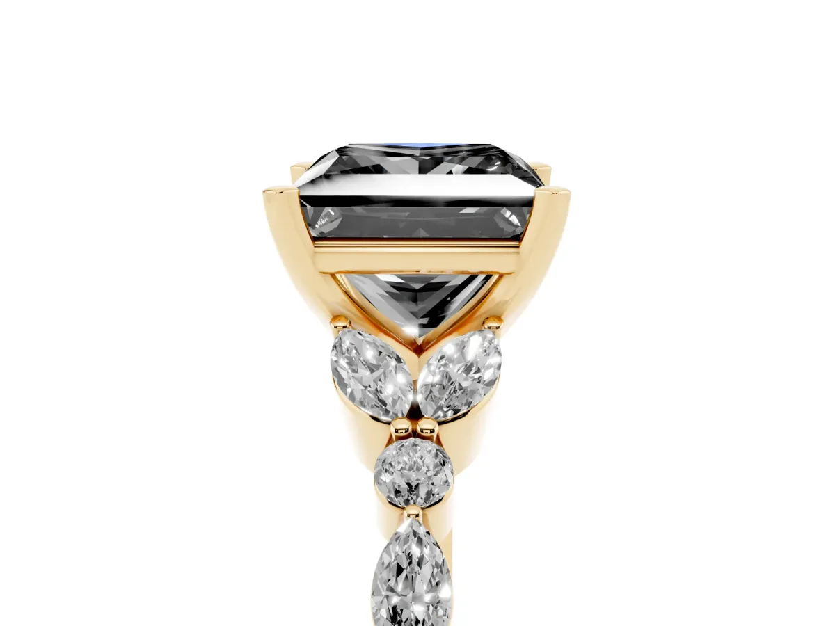 Fancy Black Princess Cut Diamond Solitaire Ring with Side Stones and Four-Prong Setting Yellow gold