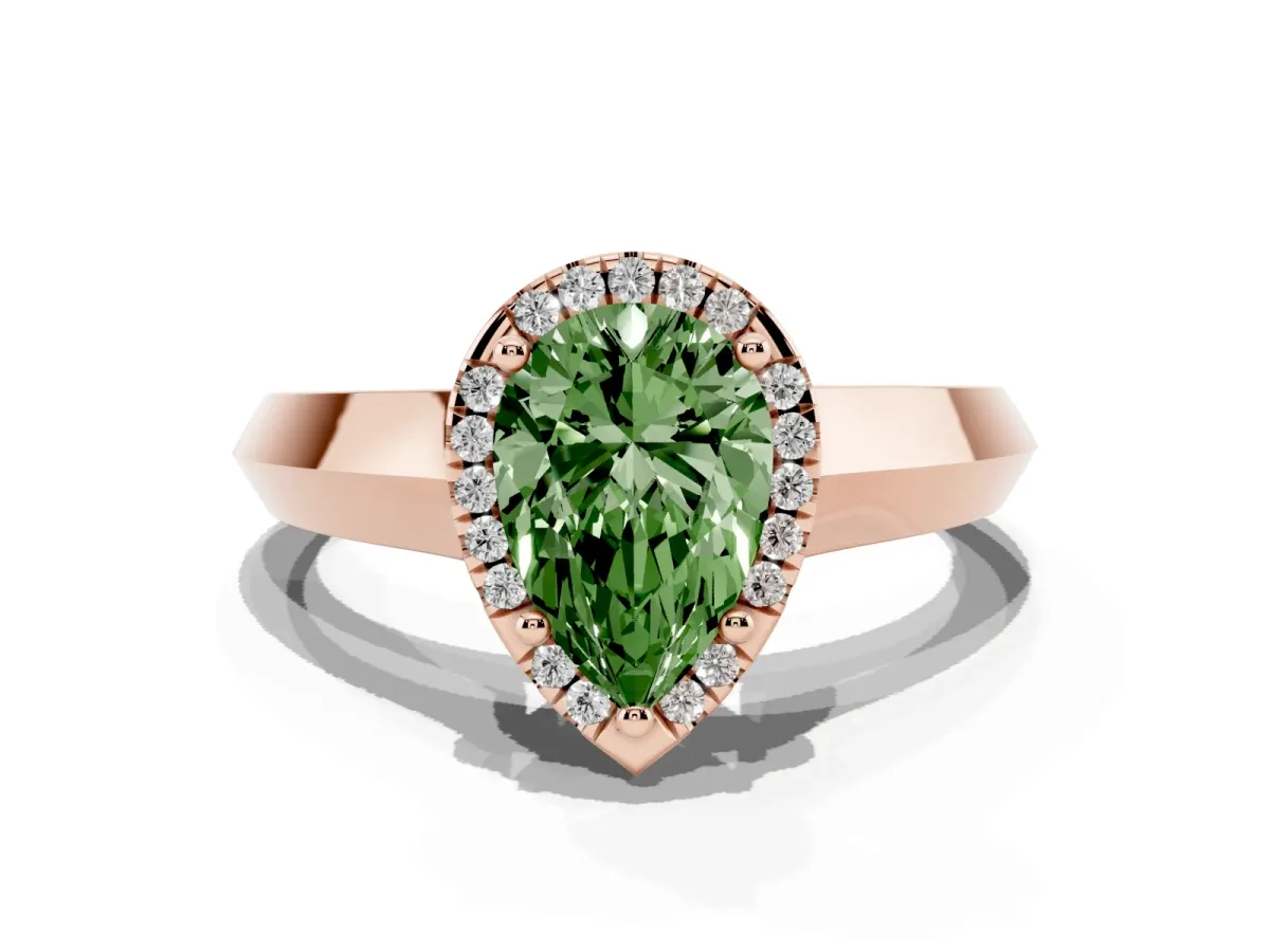 Fancy Green Pear Cut Halo Diamond Ring with Cathedral Band and Four-Prong Setting Rose gold