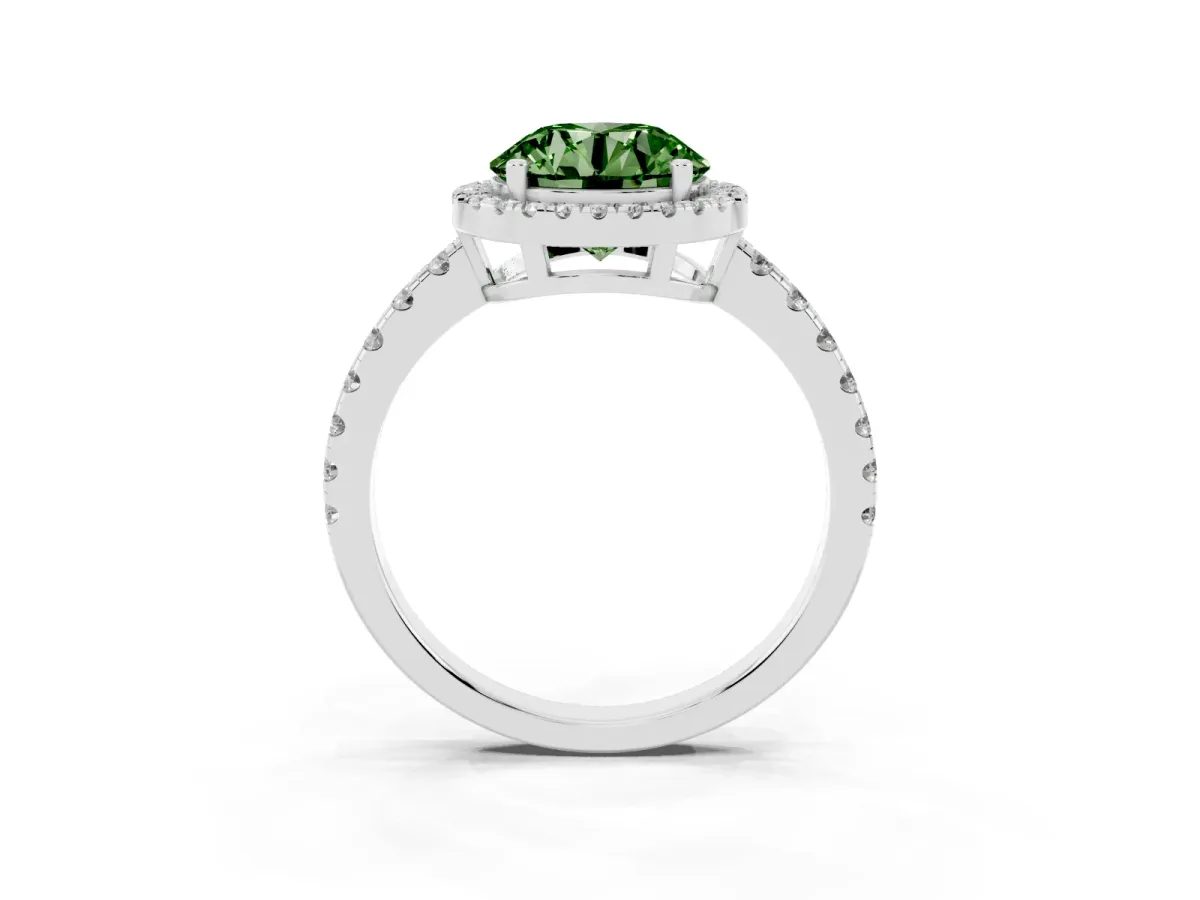 Fancy Green Round Cut Diamond Halo Ring with Pavé Band and Four-Prong Setting Silver