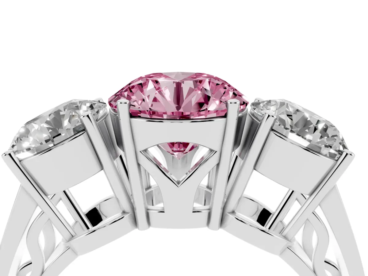 Fancy Pink Round Cut Diamond Three-Stone Ring with Prong Setting and Textured Band Platinum