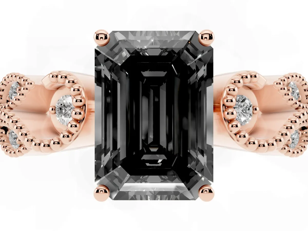 Fancy Black Emerald Cut Solitaire Milgrain Leaf Band with Prong Setting Rose gold
