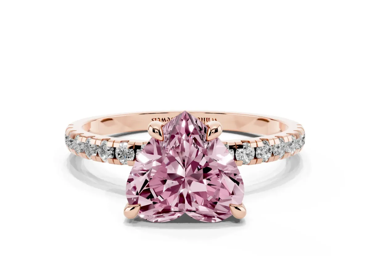 Fancy Pink Heart Cut Diamond Brilliant Solitaire Ring with Pavé Band and Four-Prong Setting Rose gold