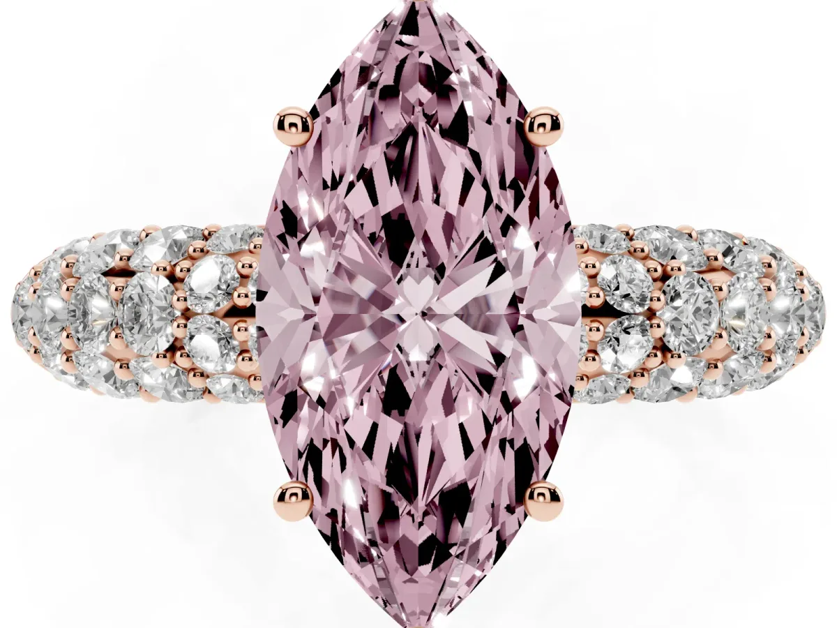 Fancy Pink Marquise Cut Diamond Pavé Band Solitaire Ring with Four-Prong Setting Rose gold
