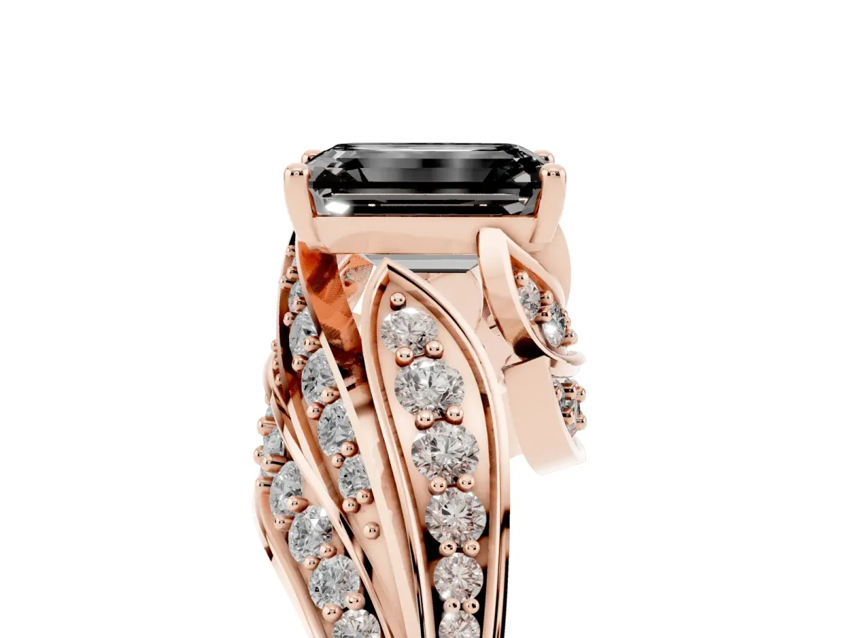 Fancy Black Emerald Cut Diamond Solitaire Ring with Prong Setting and Twisted Pavé Band Rose gold