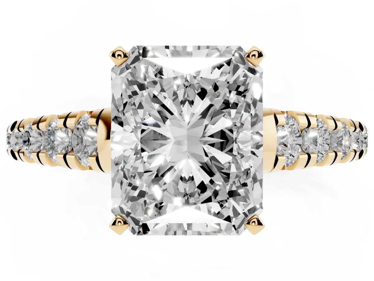 Radiant Cut Diamond Cathedral Solitaire Ring with Round Pavé Band Yellow gold