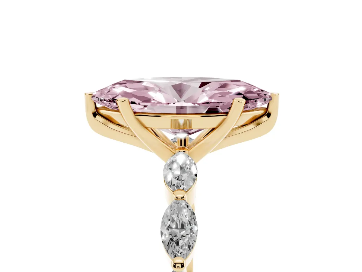 Fancy Pink Marquise Cut Diamond Ring with Marquise Side Stones and Prong Setting Yellow gold