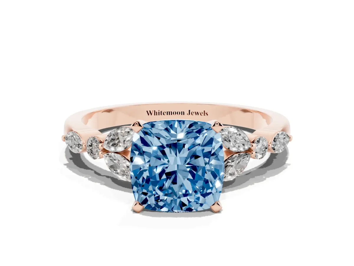 Fancy Blue Cushion Cut Diamond Solitaire Ring with Side Stones and Four-Prong Setting Rose gold