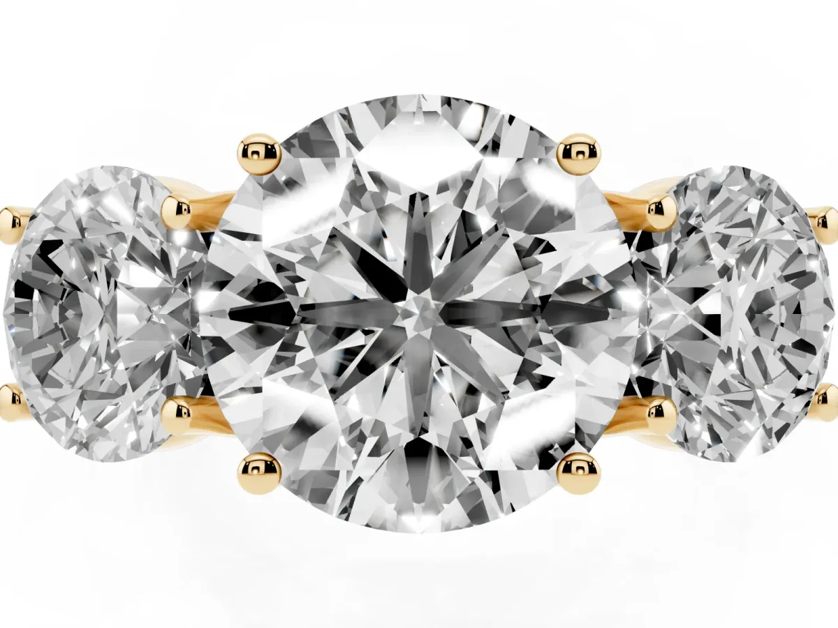 Three-Stone Round Cut Diamond Engagement Ring with Prong Setting Yellow gold