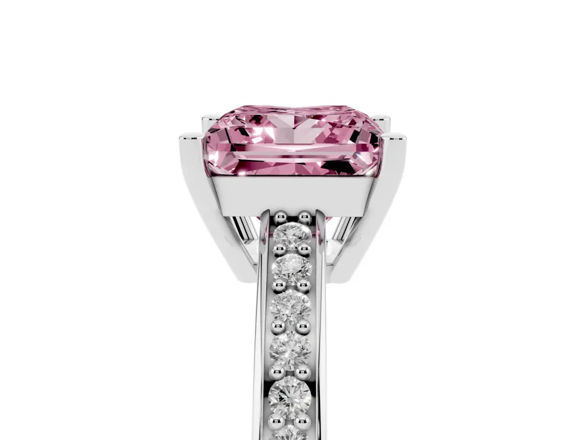 Fancy Pink Princess Cut Solitaire Pavé Band Prong Setting Ring Silver