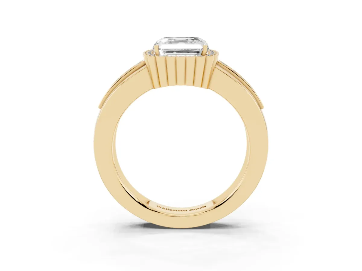 Asscher Cut Cut Halo Pave Band Four-Prong Ring Yellow gold