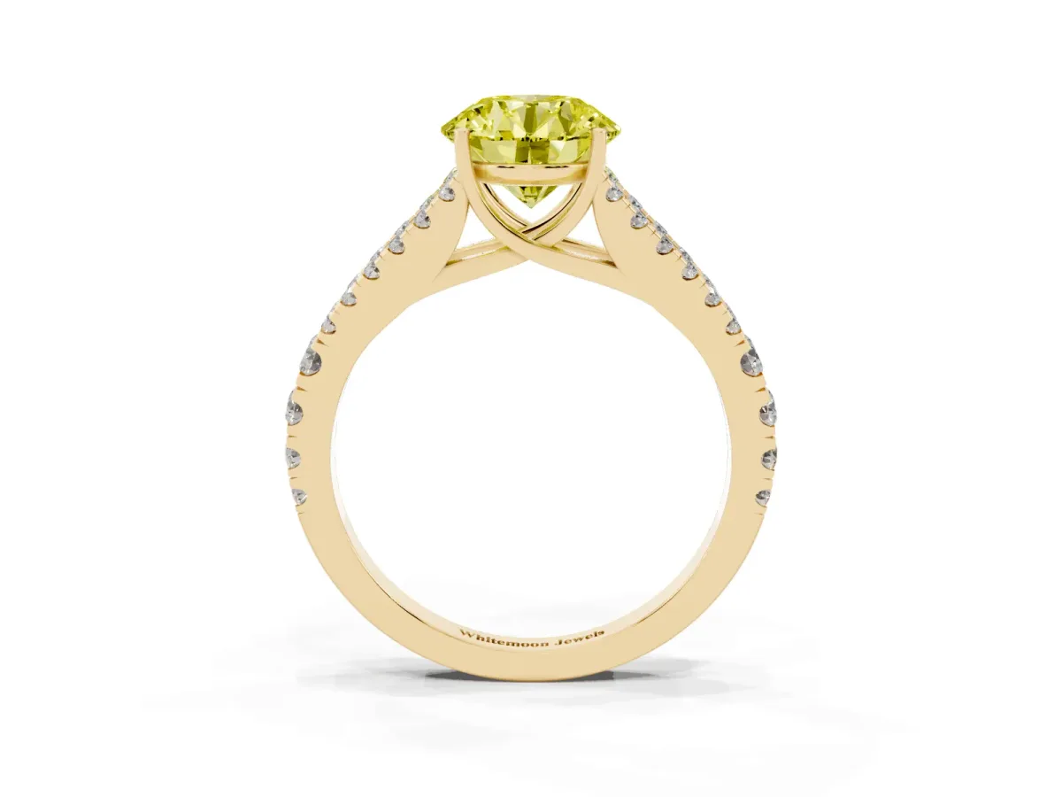 Fancy Yellow Round Cut Diamond Split Shank Pavé Engagement Ring with Four-Prong Setting Yellow gold