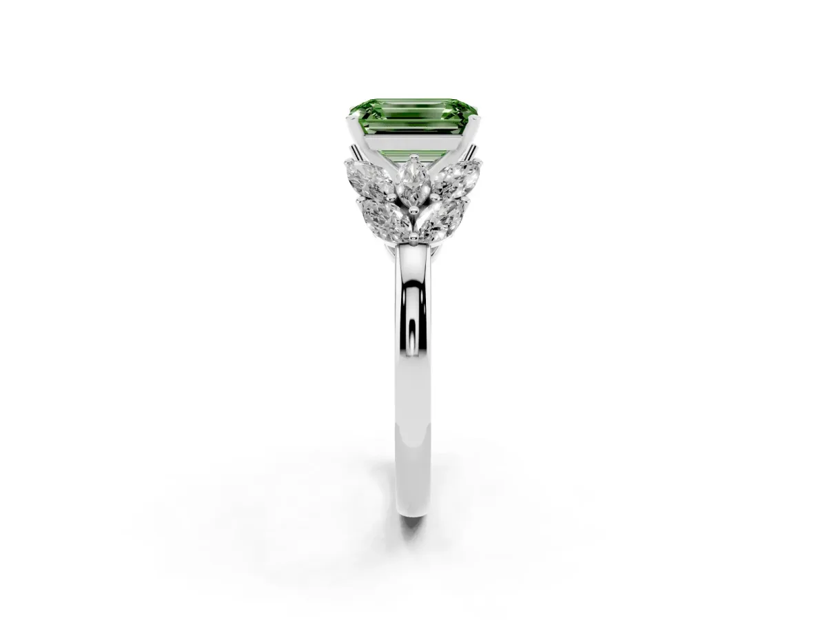 Fancy Green Emerald Cut Diamond Cluster Leaf Design Ring with Prong Setting White gold
