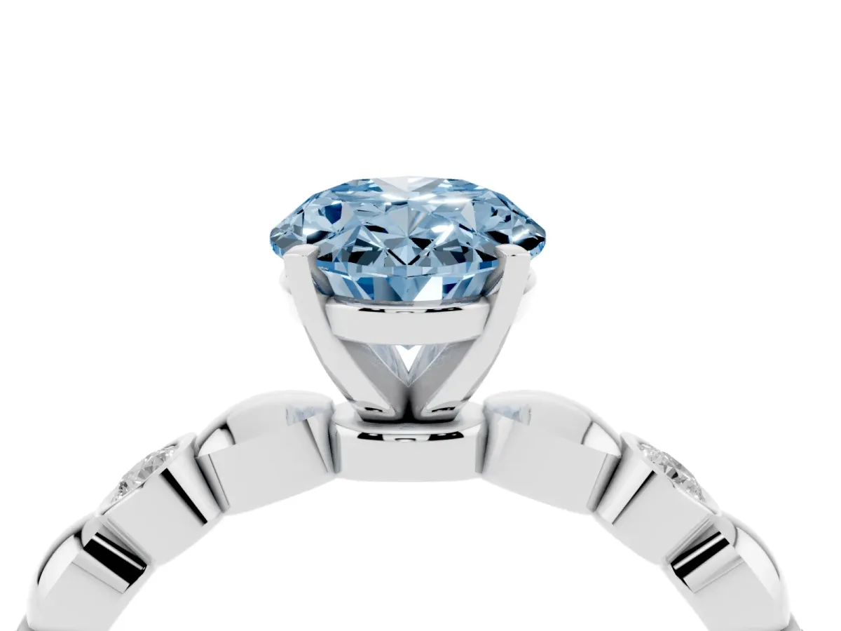 Fancy Blue Oval Cut Solitaire Bezel-Set Diamond Ring with Beaded Band and Four-Prong Setting Silver