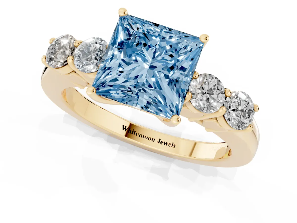 Fancy Blue Princess Cut Cut Diamond Five-Stone Prong Set White Gold Ring Yellow gold