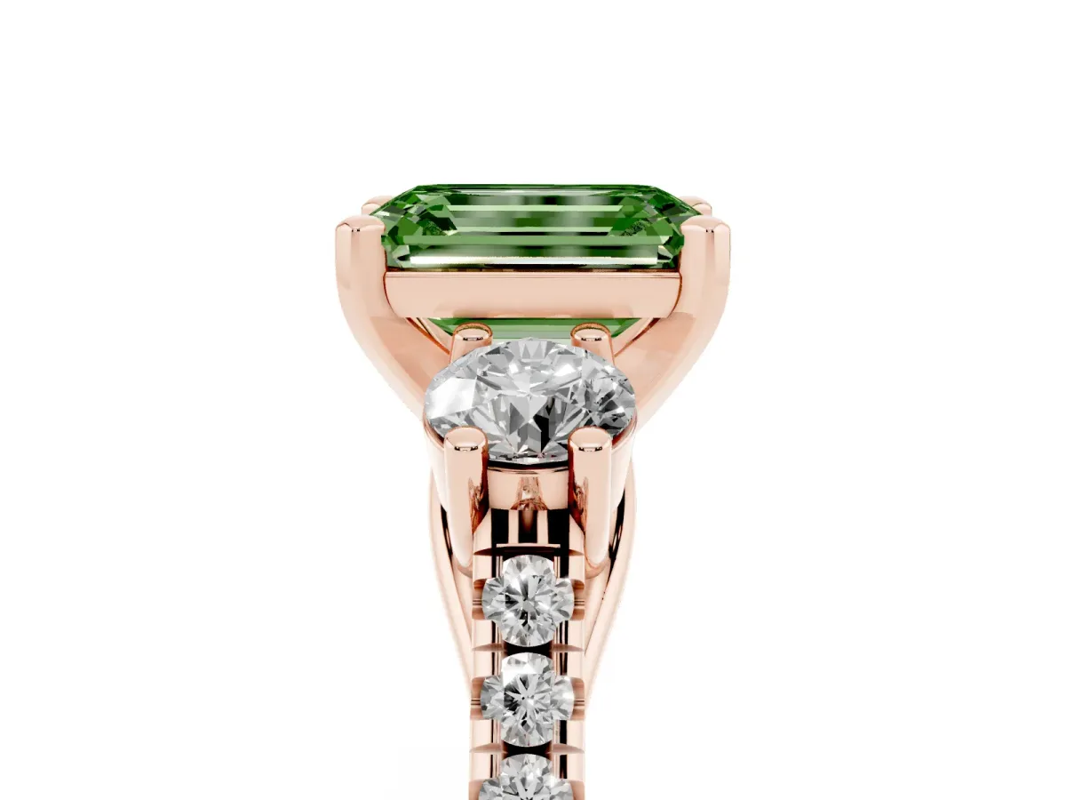 Fancy Green Three-Stone Emerald Cut Diamond Pavé Band with Four-Prong Setting Rose gold