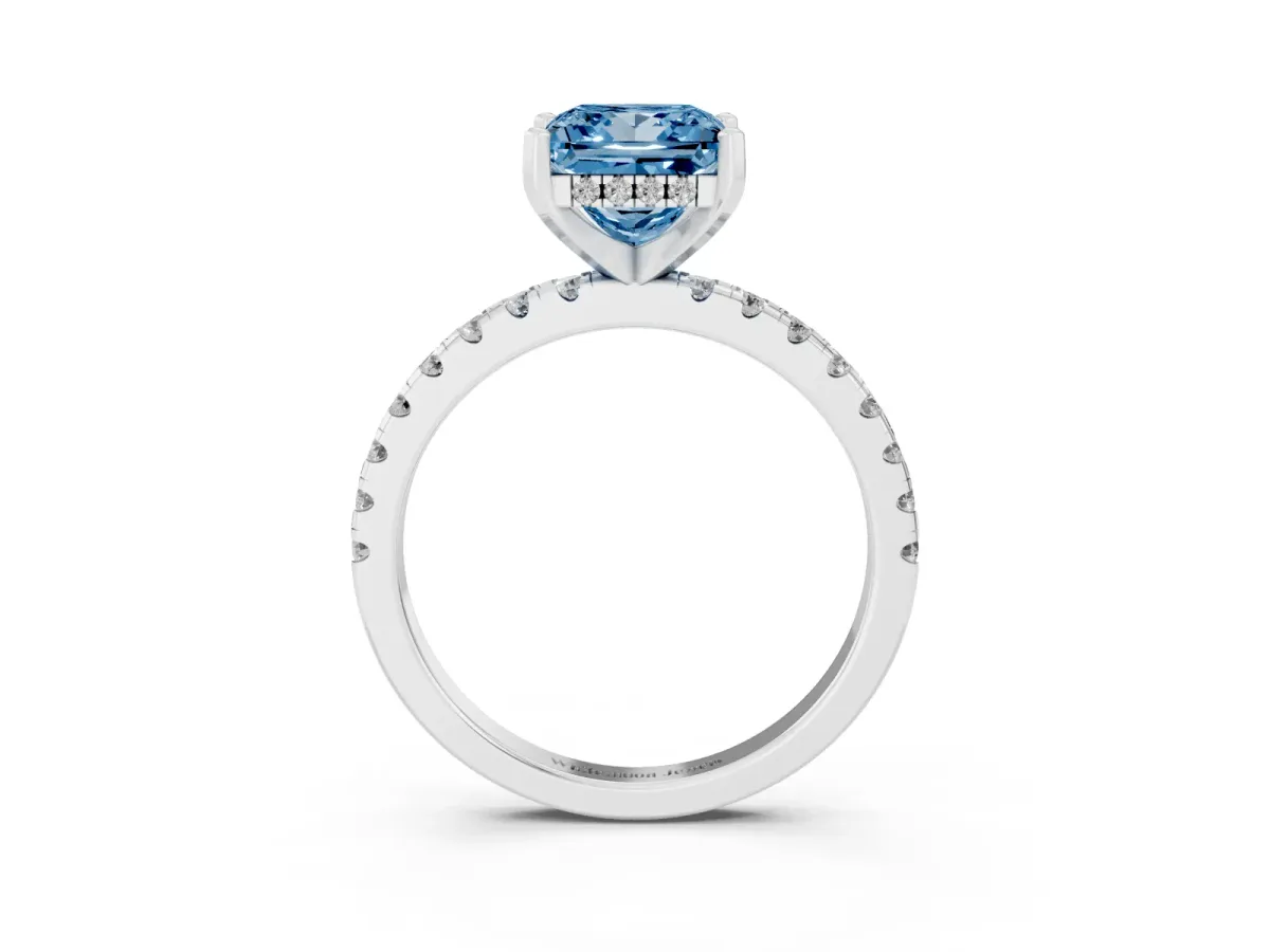 Fancy Blue Princess Cut Diamond Solitaire Ring with Round Pavé Band and Four-Prong Setting Silver