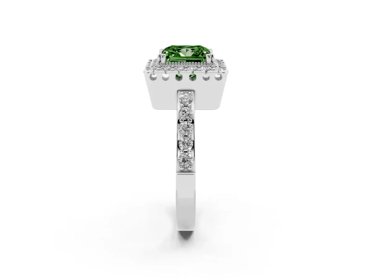 Fancy Green Princess Cut Diamond Halo Ring with Pavé Band and Prong Setting White gold
