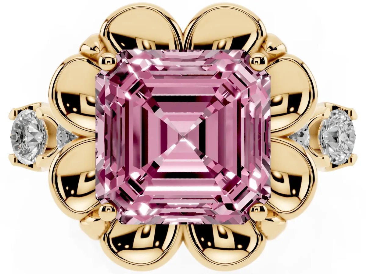 Fancy Pink Asscher Cut Cut Diamond Floral Halo Engagement Ring with Shared Prong Setting Yellow gold
