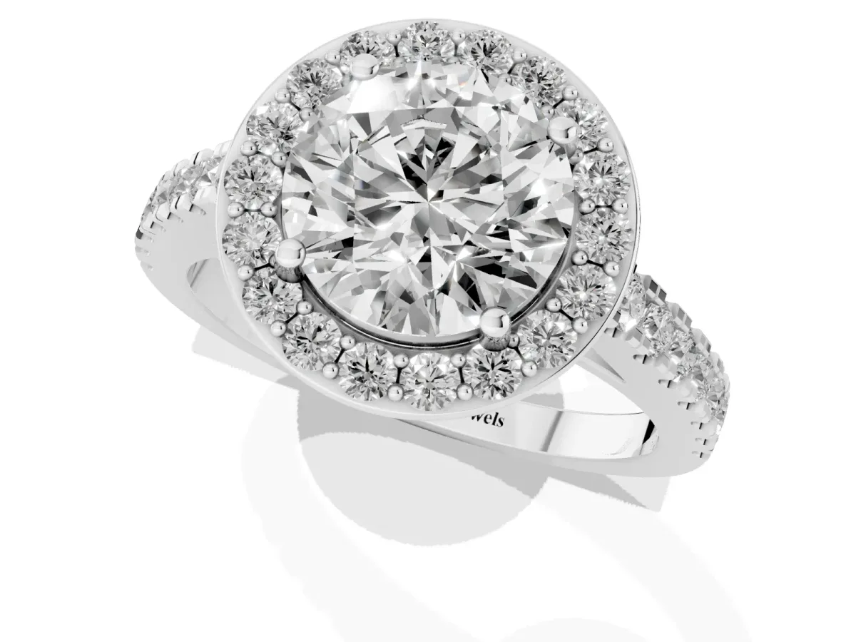 Round Cut Diamond Halo Ring with Round Pavé Split Shank and Prong Setting Silver